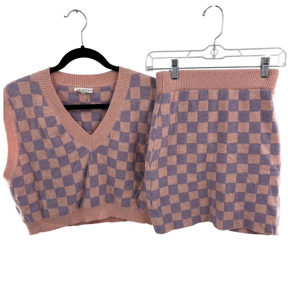 Mimosa Pink Purple Checkered Knit Sweater Vest and Mini Skirt Set Womens S